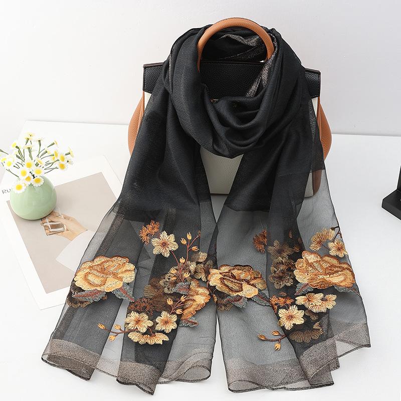 Four Season Silk Wool Scarf Women Hijab Pashmina Shawls Wrap Bandana Blanket Floral Pashmina Embroidery Scarves Foulard Femme