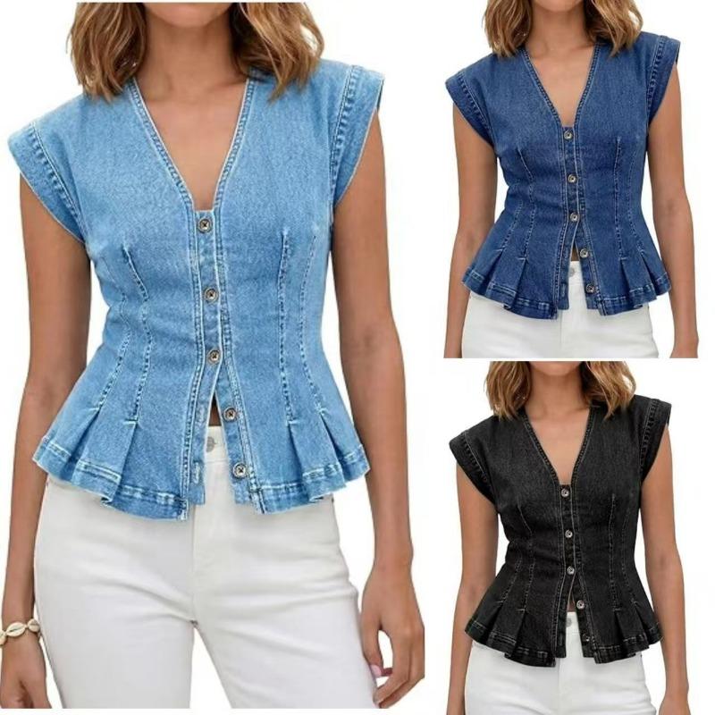 Women S V Neck Denim Vest Buttoned Slim Fit Casual Short Top