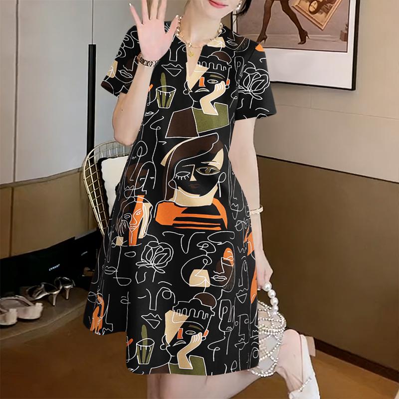 ZANZEA Women Casual V-Neck Short Sleeve Loose Print Dress