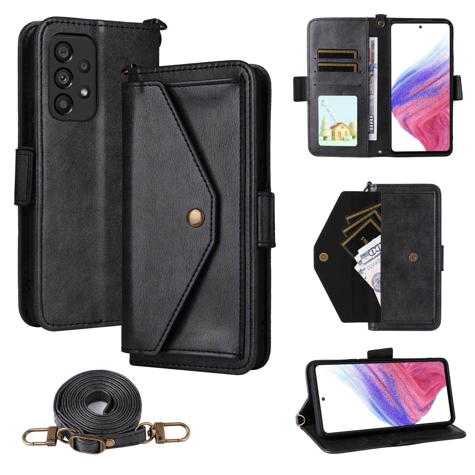 

For Samsung Galaxy A53 5G Leather Case Magnetic Closure Wallet Stand Phone Cover with Crossbody Strap Black