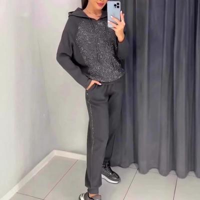 2024 Women's Casual Rhinestone Hoodie & Sweatpants Set for Spring & Autumn