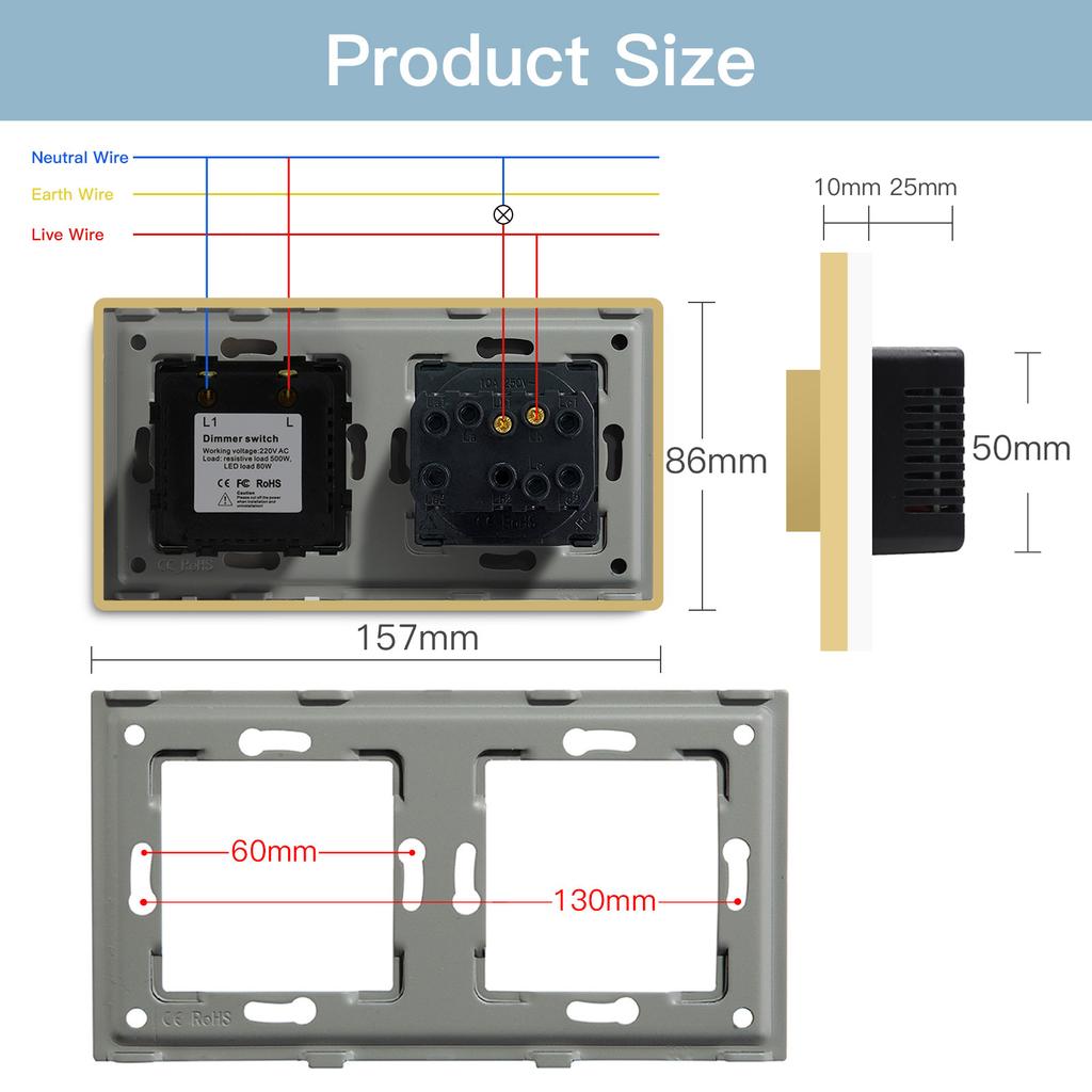 BSEED Mechanical Dimmer Fan Switch With 1/2/3Gang Wall Light Switches EU Socket USB Type-c Power Ports  2.1A Glass Panel