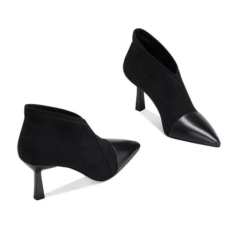 Fashion French Style High Heel Boots New Autumn and Winter Suede Pointed Toe Slip-on Thin High Heel Nude Boots