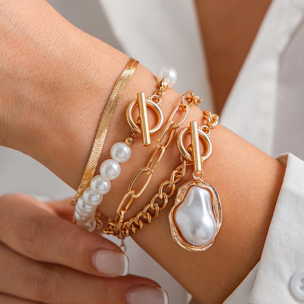 Bracelet imitation pearl stacked bracelet set, simple temperament beaded portrait fringed jewelry