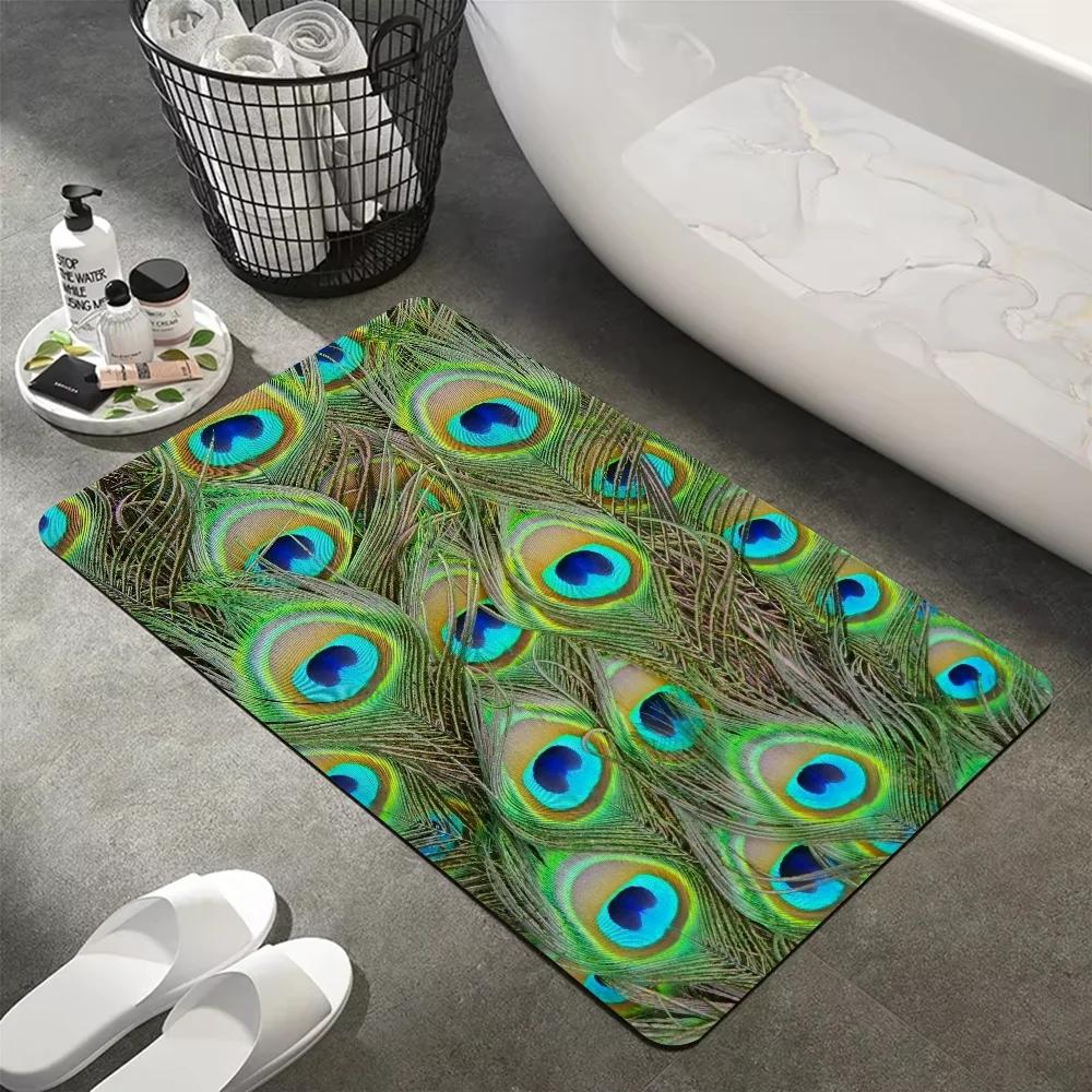 Peacock Feather Printed Floor Mat Vintage Bathtub Side Living Room Bathroom Rug Anti Slip Home Decoration Carpet