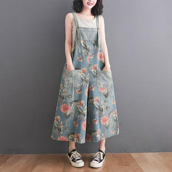 2021 Summer Retro Plus Size Women's Printed Denim Wide-Leg Overalls