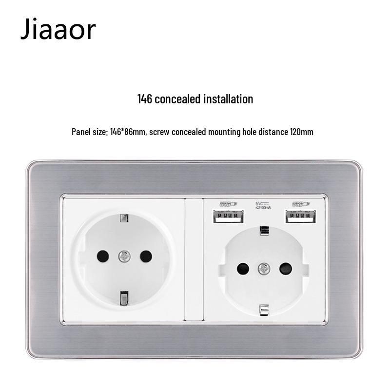 Padrão Europeu Tipo 86 Painel de Interruptor e Tomada de Parede Duplo em Aço Inoxidável com USB-C, Estilo Alemão, Montagem de Parede Embutida.