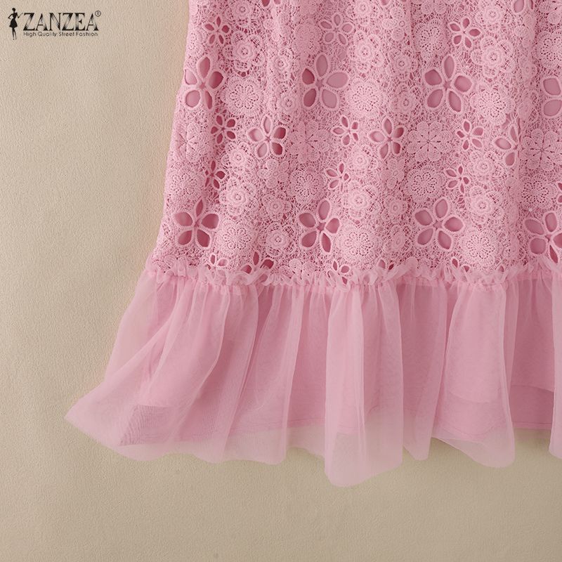 ZANZEA Women Casual Round Neck Short Sleeve Patchwork Lace Crochet Dress