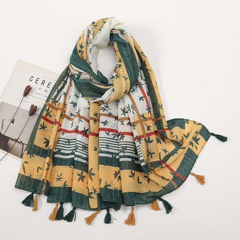 Spring and Autumn New Bali Yarn Tassel Retro Printed Geometric Scarf Versatile Fashion Travel Sunscreen Shawl Silk Scarf Women