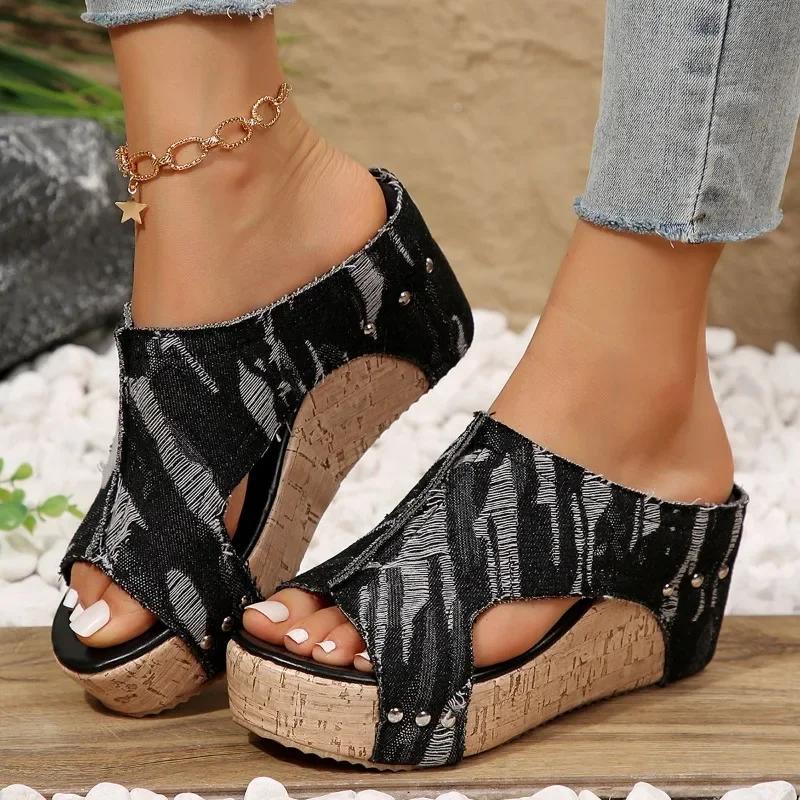 2024 New Shoes for Women Slip-on Women's High Heels Fashion High Heel Pump Women Wedges Open Toe Mixed Colors Women's Sandals