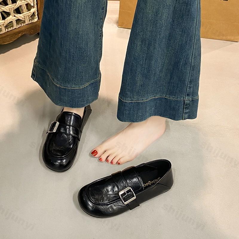 Fashion Women Casual Shoes Spring Autumn New Fashion Buckle Strap Slip On Flats Lightweight Comfortable Vintage Soft Sole Leather Shoes