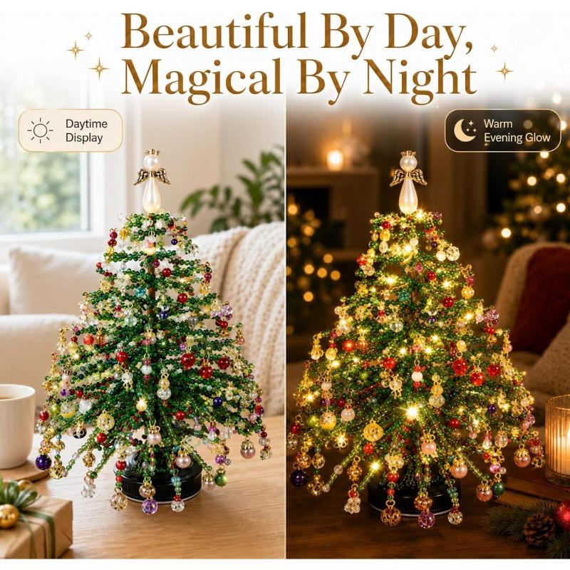 Diy Beaded Christmas Tree Kit – Crystal Bead Holiday Craft Set With Led Lights, Home Decor Gift For Adults & Kids
