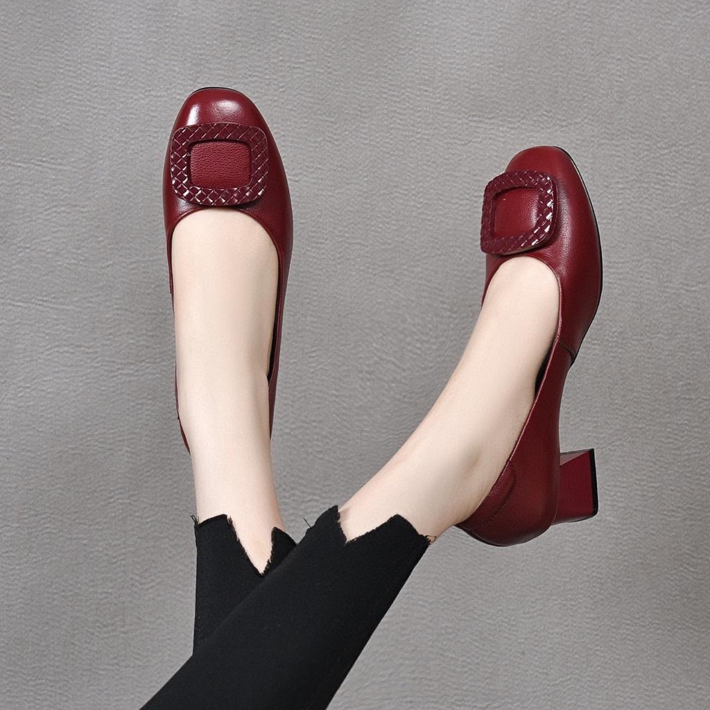 2025 spring and summer new round head square buckle high heels first layer cowhide shallow thick heel work shoes comfortable square heel women's shoes