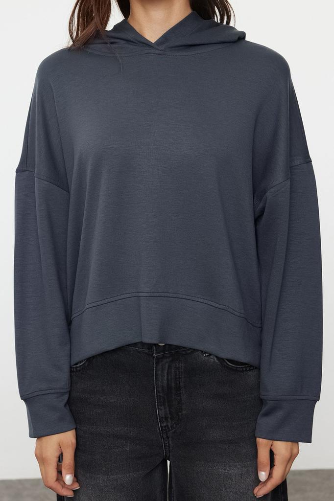 Women's Fashionable Stylish Sweatshirt Black Hooded Stitching Detailed Regular Normal Cut Soft Touch Knitted Sweatshirt