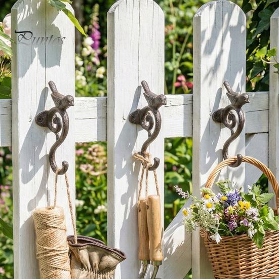 Rustic Terrace Decorative Accents Vintage Iron Birdcage Wall Mount Hooks, Metal Bird Plant Hanging Basket Hook for Home Outdoor Garden Hooks
