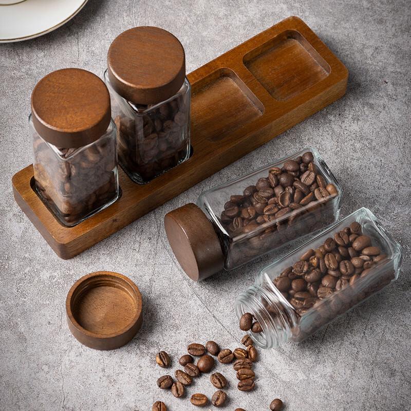 Glass Coffee & Tea Storage Jar Set with Wood Rack
