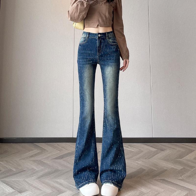 

Starry Rhinestone Flared Women s Jeans: Slim Fit & Elastic, Floor-length Micro-flare for Spring & Autumn XL