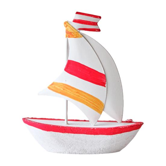Sailboat Ornament, Wooden Iron Desktop Figure, Small Nautical Tabletop Decoration, Blue White Striped Lifebuoy Starfish Marine Style Ornament