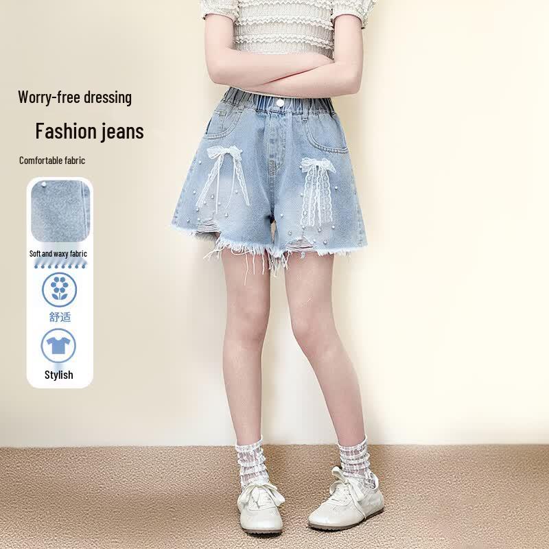 Frog Prince Girls  Pearl Bow Frayed Hem Denim Shorts 130