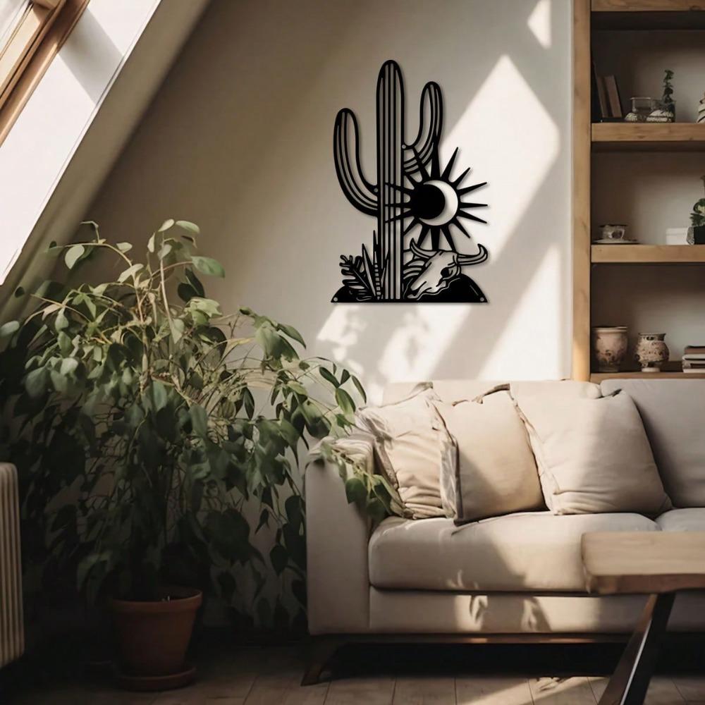 Metal Cactus Wall Art Sun Bull Design Elegant Black Iron Decor Living Room Balcony Gift