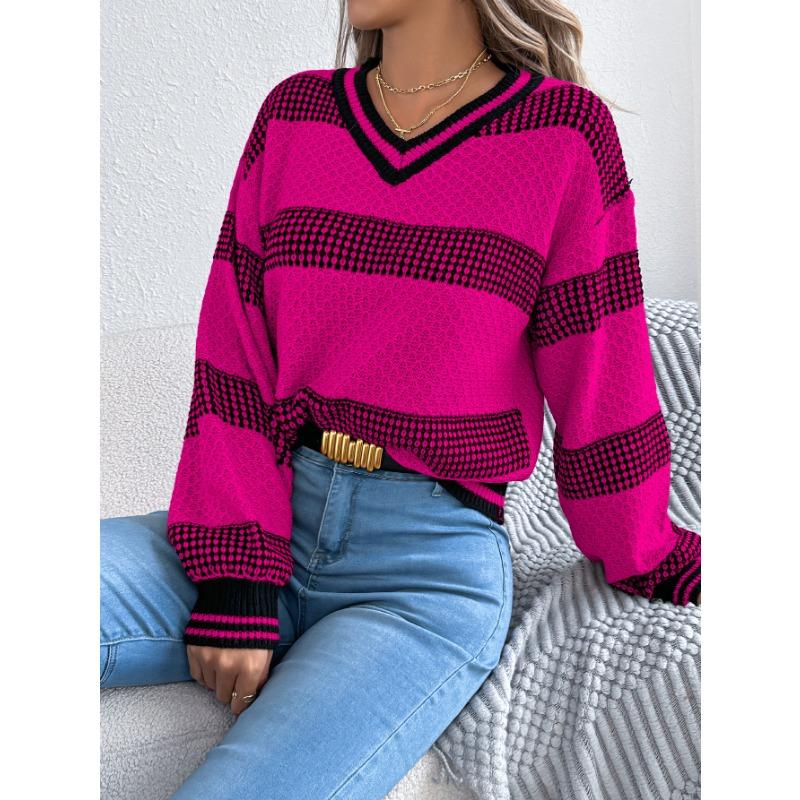 V-neck Contrasting Color Striped Lantern Long-sleeved Pullover Sweater for Women In Autumn and Winter