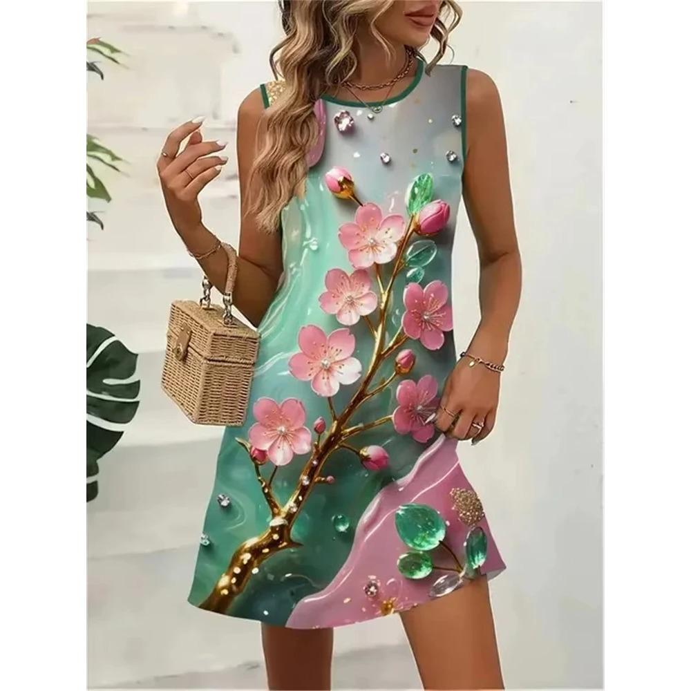 Women's Summer Sleeveless Floral Print Dress Casual Pocketless Plus Size Fashionable Loose Breathable Dress