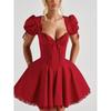 Ballet Hymn Babyboo French Style Sweet Red Square Collar Lace Waist Hugging Slimming Puff Sleeve Dress