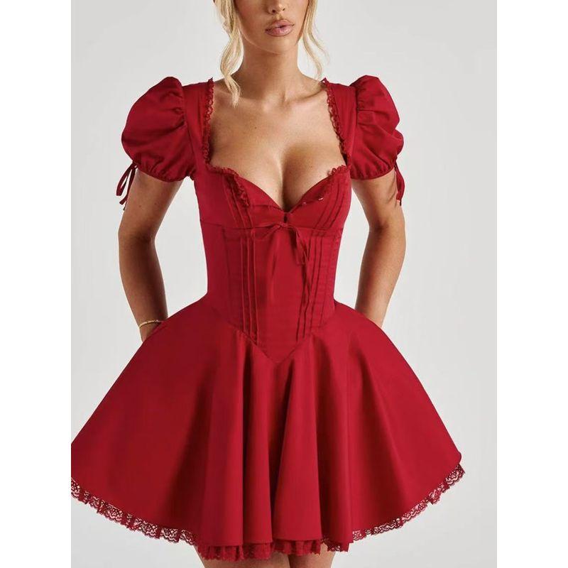 Ballet Hymn Babyboo French Style Sweet Red Square Collar Lace Waist Hugging Slimming Puff Sleeve Dress