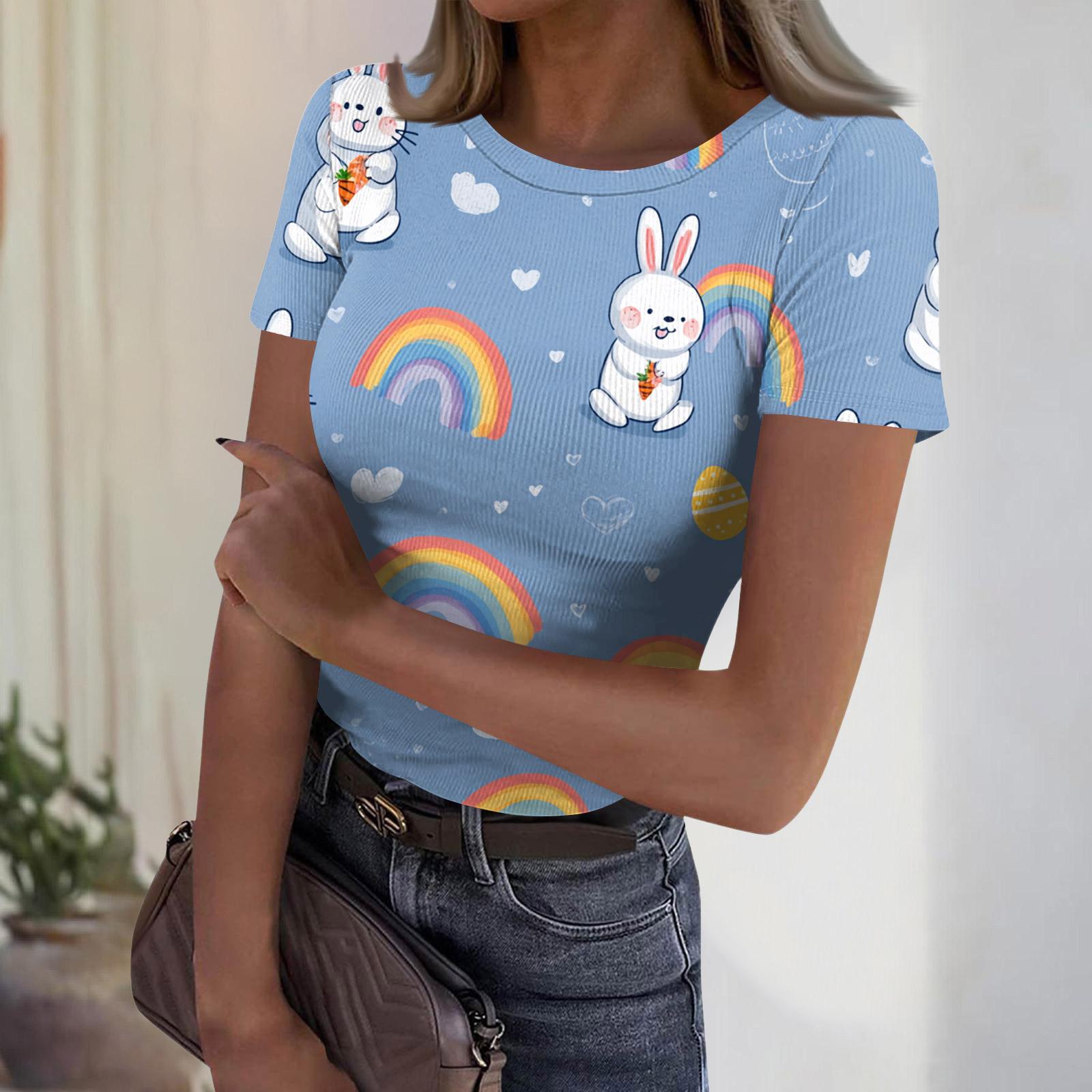 Women s Casual Fashion Round Neck Easter Print Short Sleeve Ribbed Top L