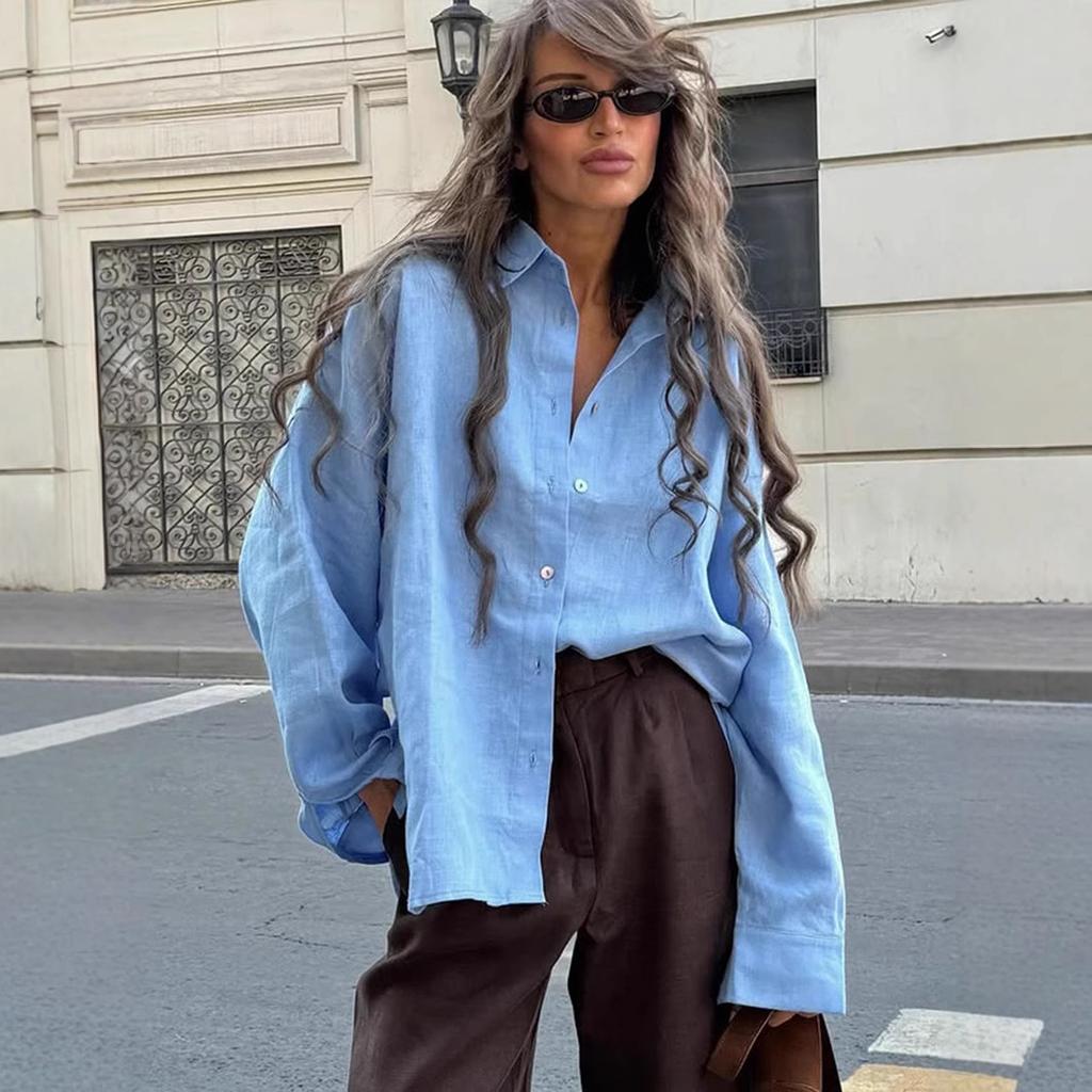 Women's Linen Shirt Long Sleeve Elegant Pink Oversize Blouse Vintage Basic Top Collar Cotton Linen Shirt for Women