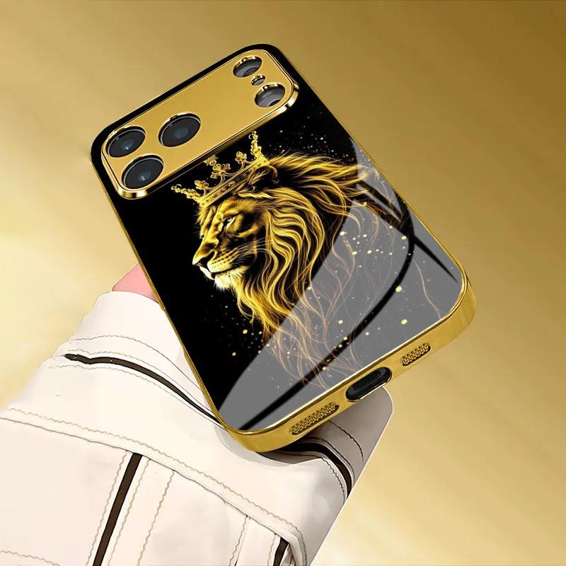 Crown Golden Lion Print Metallic Tempered Glass Phone Case For iPhone 18 17 16 15 14 13 12 11 Pro Max 14 Plus 17 Air 16E Cover