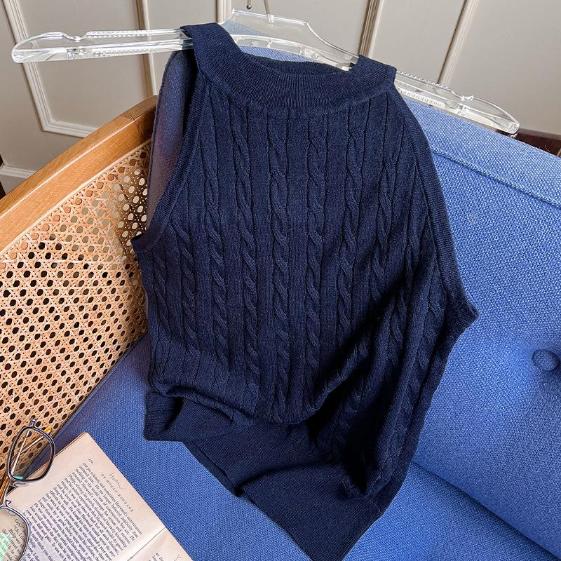 Damen Ärmelloses Neckholder Tanktop aus Weicher Maulbeerseide - Slim Fit Französischer Zopfstrick