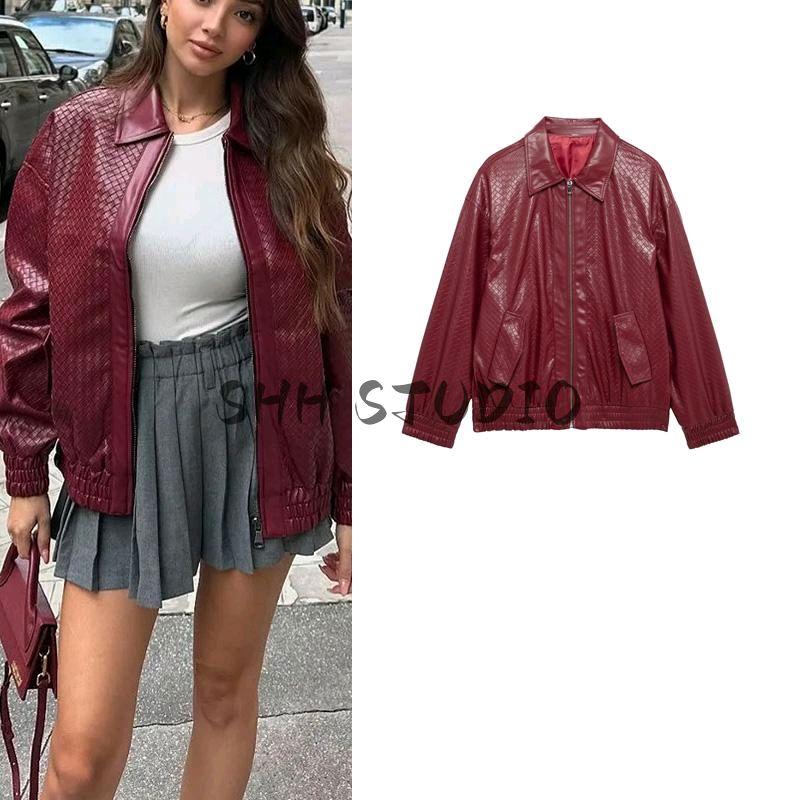 Spring New Women's Clothing Locomotive Style Casual Retro Artificial Woven Leather Pilot Jacket Baggy Coat