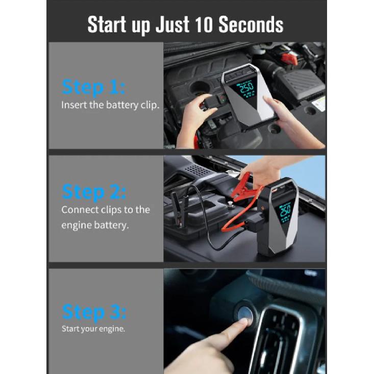 12000mAh High Capacity Multi-Function Car Jump Starter & Air Compressor, Emergency Battery Booster for Gas&Diesel Cars