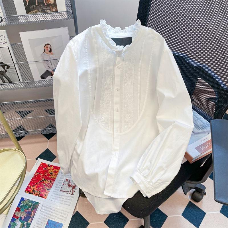 Solid Color Embroidered Women's Shirt Fungus Edge Stand Collar Long Sleeved Shirts French Spring Autumn Period Woman Top