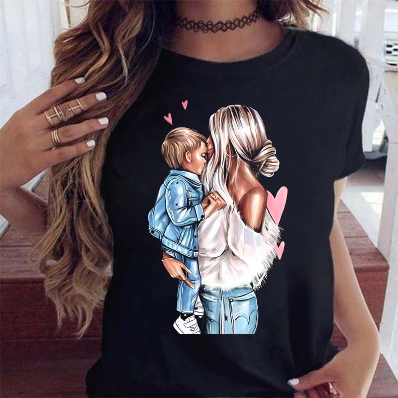Camiseta feminina desenho animado mãe filha filho estampa senhora camisetas manga curta tops feminino kawaii gráfico camiseta feminina roupa