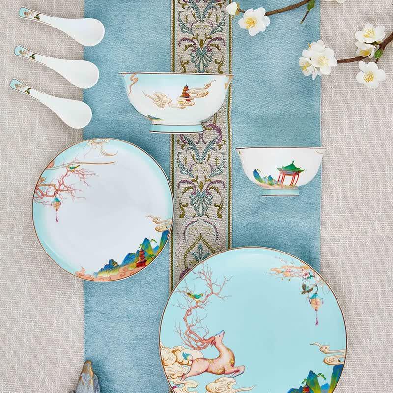 JINGREPUBLIC Fu Lu He Xi 27-Piece Bone China Dinnerware Set