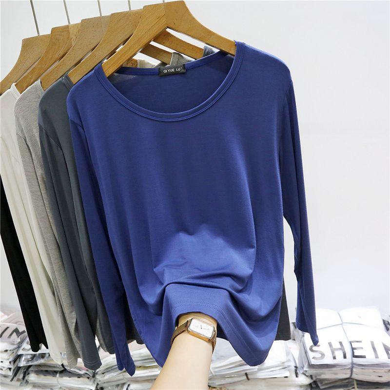 

Modal Long Sleeves round Neck Bottoming Shirt for Women Early Autumn Inner Wear Pure Color T-shirt Loose Plus Size Casual Outdoor Thin Top Denim Blue L (Recommendation 55.00 kg-65.00 kg