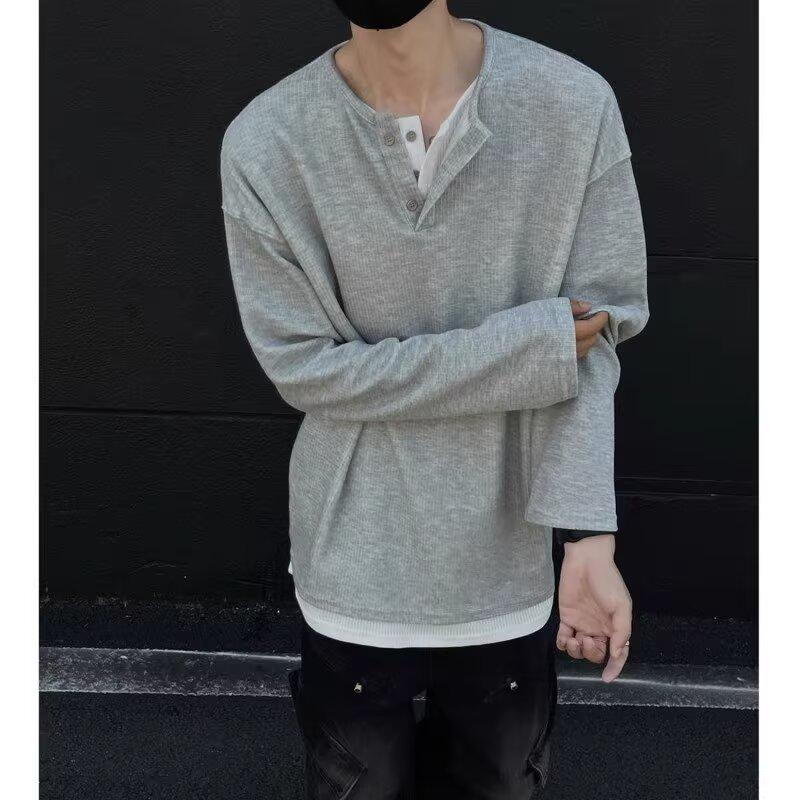 Men's Autumn Korean Style Slim-Fit Henley Long-Sleeve T-Shirt