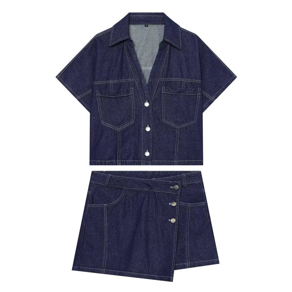 European and American style, wholesale women's clothing, fashion denim short shirt + double-placket denim skirt pants 1416034