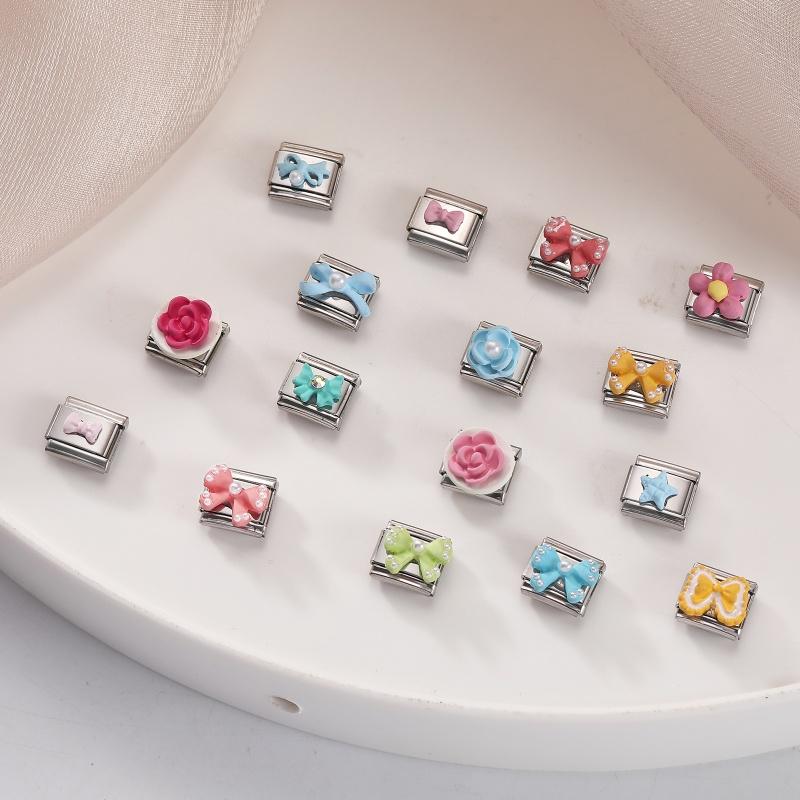 Fashion Colorful Bow Series Charm Bracelet Rose Flower Heart Cherry Y2K Bead Fit 9mm Bracelet Stainless Steel DIY Jewelry Gift