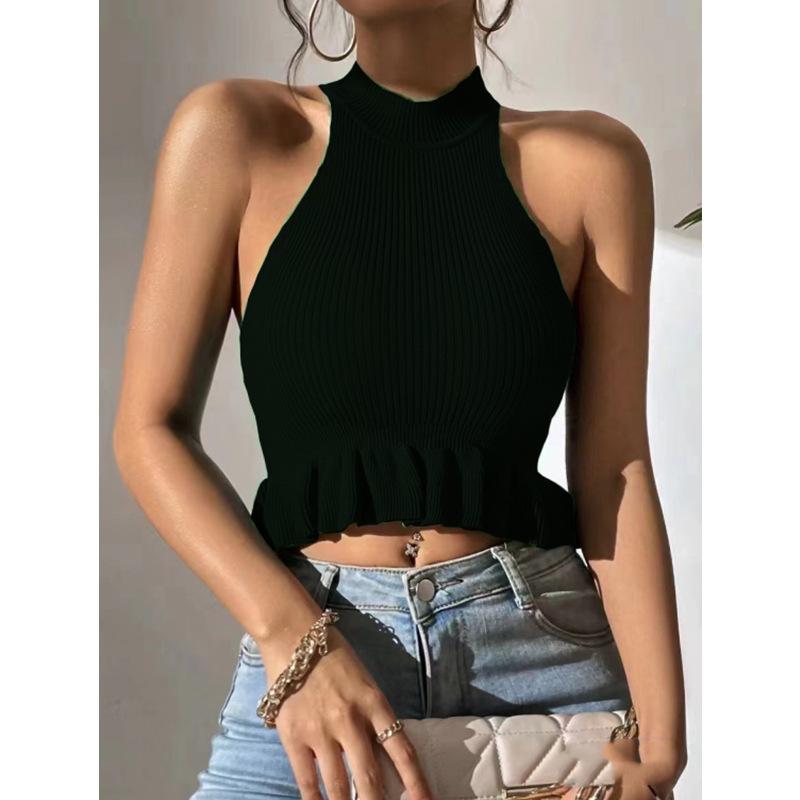 Summer New Design Sense Ruffled Knit Halter Vest Sexy Short Top Women