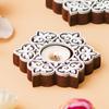 Set of 2 White Brown Wooden Floral Printing Block Decorative Tea Light Candle Holders, Diya Stands - Tea Light Holders - Christmas Diwali Decoration