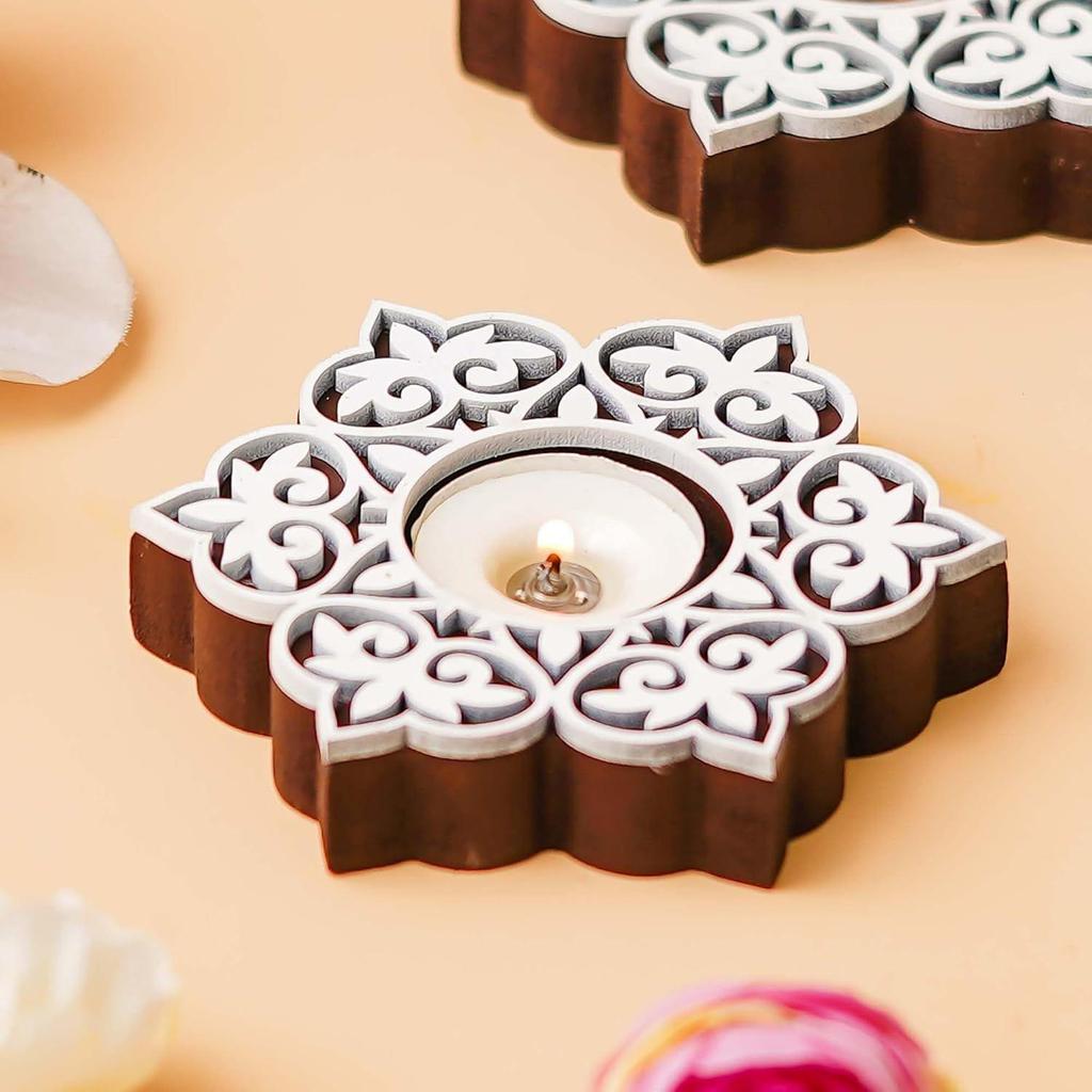 Set of 2 White Brown Wooden Floral Printing Block Decorative Tea Light Candle Holders, Diya Stands - Tea Light Holders - Christmas Diwali Decoration