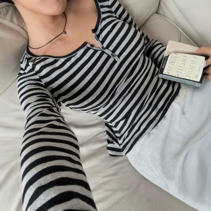 Womens Slim Fit Long Sleeve T-Shirt With Striped Contrast Button Detail V-Neck Casual Top Early