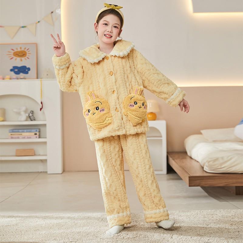 Girls Warm Fleece Pajama Set Long Sleeve Cartoon Print Sleepwear Winter Home Use