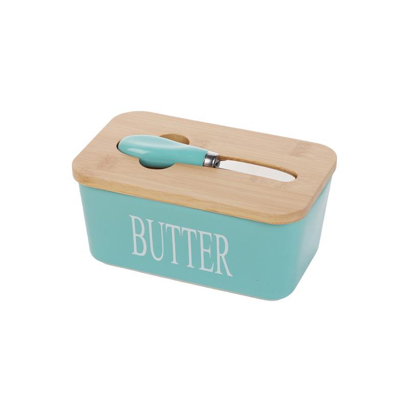 Large Ceramic Butter Dish with Wooden Lid and Knife