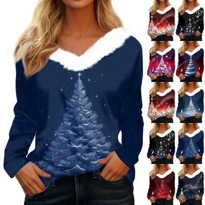 Damenmode Lässig Langarm Weihnachten Bedruckt Plüschkragen V-Ausschnitt Oberteil