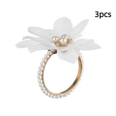 3pcs Vintage White Napkin Rings Silk Flower Chiffon Napkin Holders Floral Beads Napkin Buckles Dinner Table Decoration
