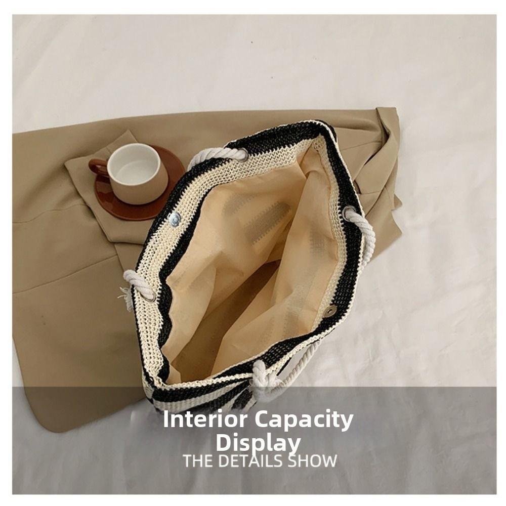 Striped Beach Tote Bag Straw Foldable Shoulder Bag Zipper Large Capacity Travel Handbag For Travel Work Beach Gym Store
